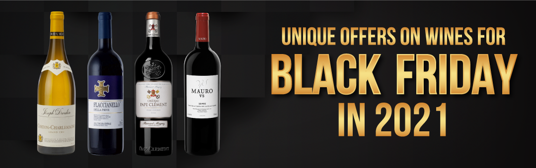Four bottles of fine wine on a black background, with the title Unique offers on wines for Black Friday in 2021