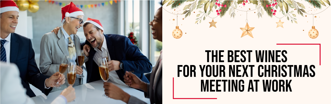 Colleagues in Santa hats toasting with sparkling wine at the office, with the title The best wines for your next Christmas meeting at work