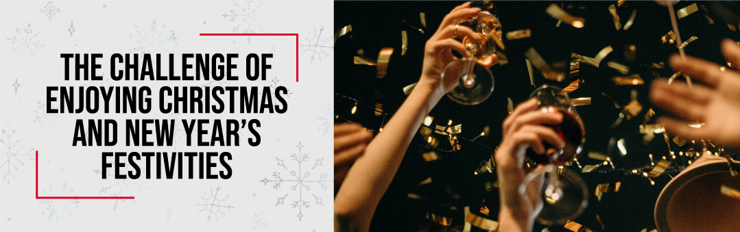 Hands raising glasses among golden confetti, with the title The challenge of enjoying Christmas and New Year festivities