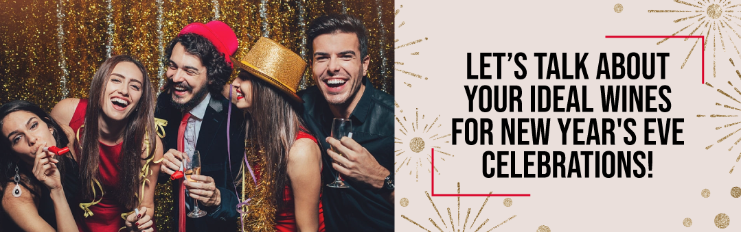 Friends in party hats celebrating with glasses in hand, with the title Let us talk about your ideal wines for New Year's Eve celebrations