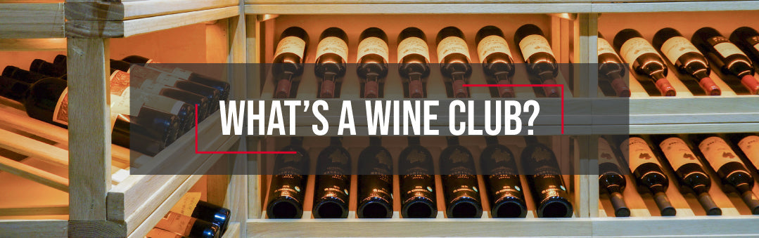 Bottles resting in a wooden wine rack inside a cellar, with the title What's a wine club