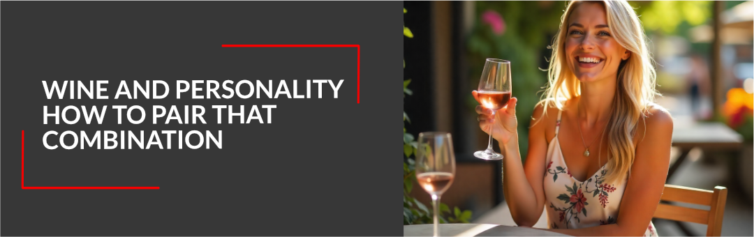 Woman smiling with a glass of rose wine on a sunny terrace, with the title Wine and personality, how to pair that combination