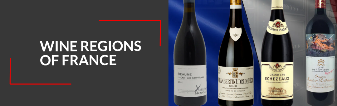 Four bottles of French wine from Burgundy and Bordeaux, with the title Wine regions of France